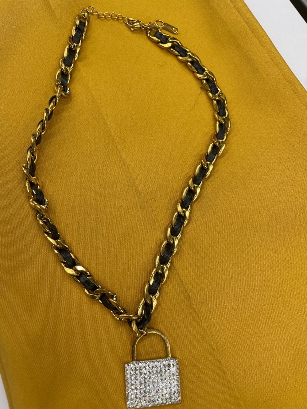 Gold Chain Necklace with Black Weave and Crystal Padlock Pendant